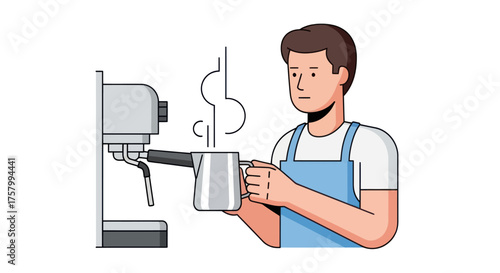 Barista Preparing Coffee with Espresso Machine and Milk Jug.