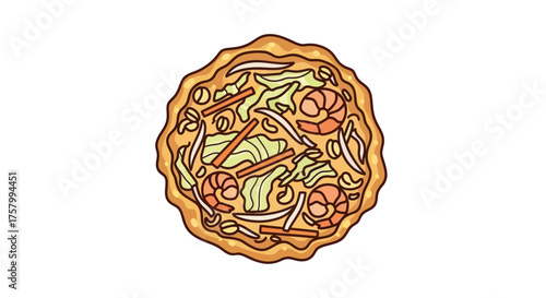 Delicious Cartoon Pizza with Shrimp and Green Vegetables.