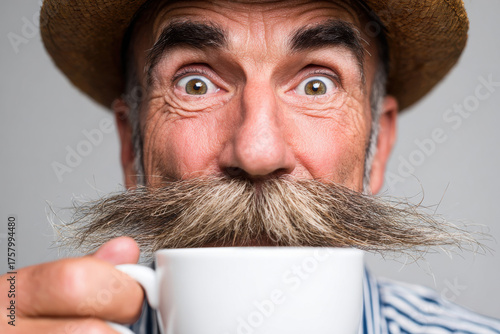 A man with exaggerated mustache drinking coffee