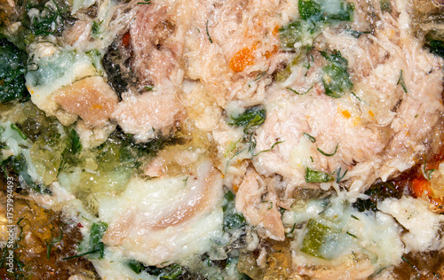 Russian homemade meat jelly.Hearty cold jelly.Aspic meat.Jelly meat background.Jelly-like meat snack.