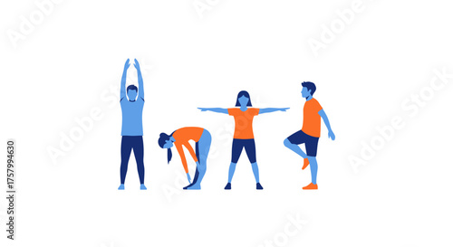 Diverse individuals performing various stretching exercises in a sequence.