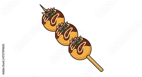 Delicious Japanese Takoyaki Skewer with Savory Sauce and Green Toppings.