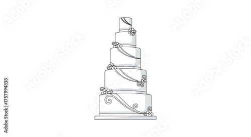 Elegant Five-Tiered Wedding Cake Illustration with Ribbon and Floral Details.