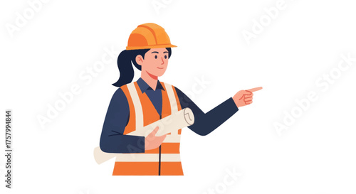 Professional Female Construction Worker in Hard Hat Pointing with Blueprints.