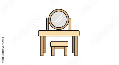A simple wooden dressing table with a round mirror and matching stool.