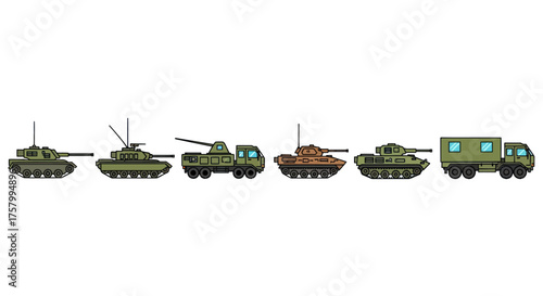 Green Pixel Art Military Tanks and Trucks Set.
