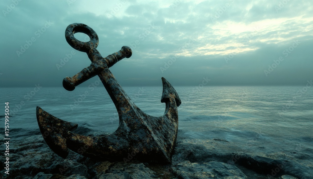 Fototapeta premium Rusty anchor on dark rocks near calm sea under a cloudy sky