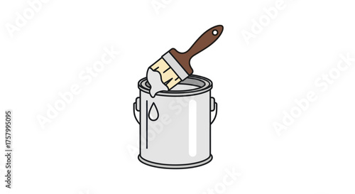 Paintbrush dipped in a can of white paint with drips.