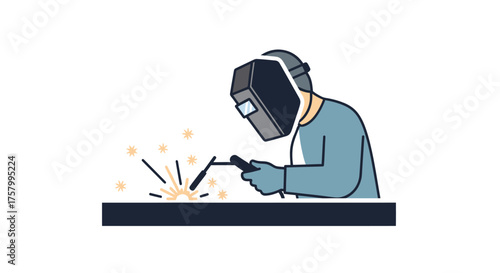 Cartoon Illustration of a Welder in Protective Gear Welding.