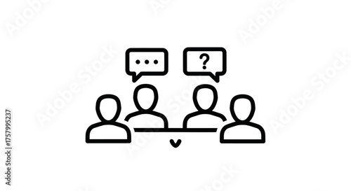 Line art icon of people discussing asking questions and communicating ideas.