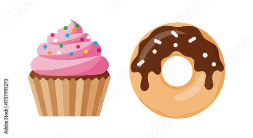 Sweet Cupcake with Pink Frosting and Donut with Chocolate Glaze.