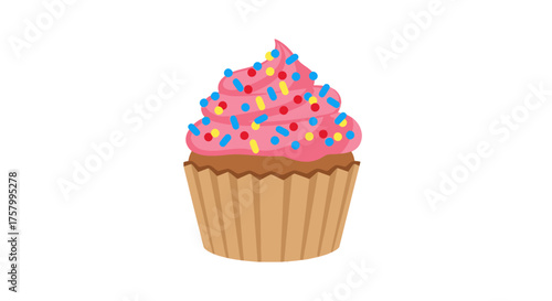 Cartoon Cupcake with Pink Frosting and Colorful Sprinkles.