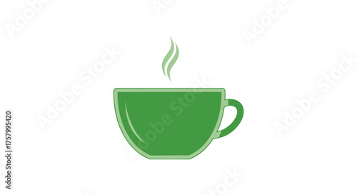 A steaming green cup of hot beverage symbolizing refreshment and warmth.