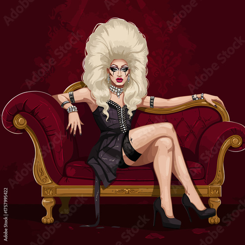 A glamorous drag queen with platinum blonde hair and a striking makeup look sits regally on a luxurious red velvet chaise lounge, exuding confidence.