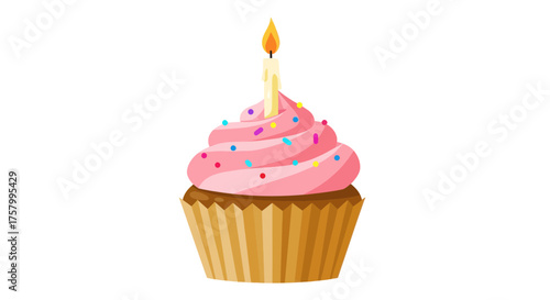 Delicious Birthday Cupcake with Pink Frosting and Lit Candle.