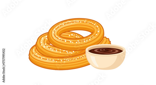 Golden Ring-Shaped Churros with Rich Chocolate Dipping Sauce.