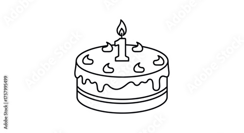Simple line art illustration of a round birthday cake with a single candle.