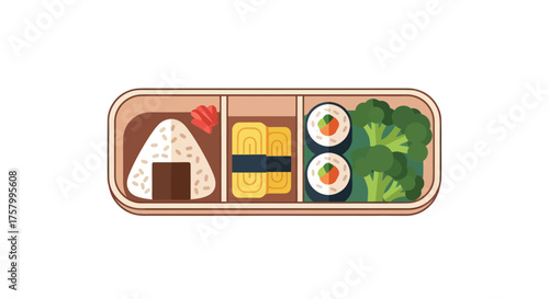 Japanese Bento Box with Onigiri Tamagoyaki Sushi and Green Vegetables.
