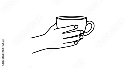 Hand holding a simple white coffee mug with a handle.