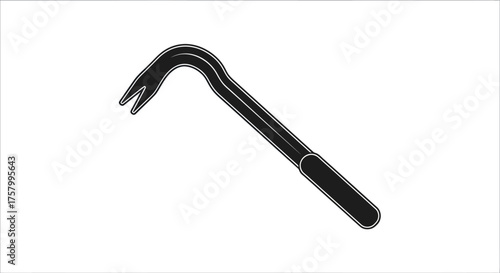 Black Steel Crowbar Tool with Curved Claw and Handle.