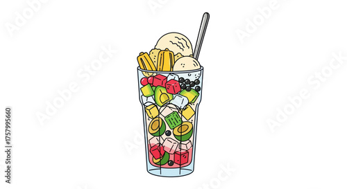 Delicious Tall Glass of Mixed Fruit Ice Cream Dessert with Toppings.