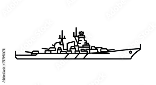 Black Line Art Illustration of a Naval Warship with Multiple Turrets and Superstructure.