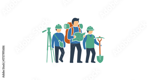 Team of Surveyors with Equipment and Backpacks Ready for Fieldwork.