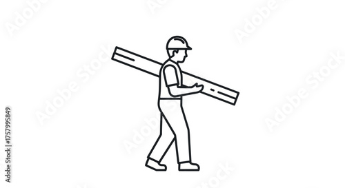 Line art construction worker carrying wooden plank.