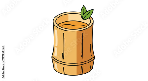 Cartoon Illustration of Bamboo Cup with Drink and Mint Leaves.