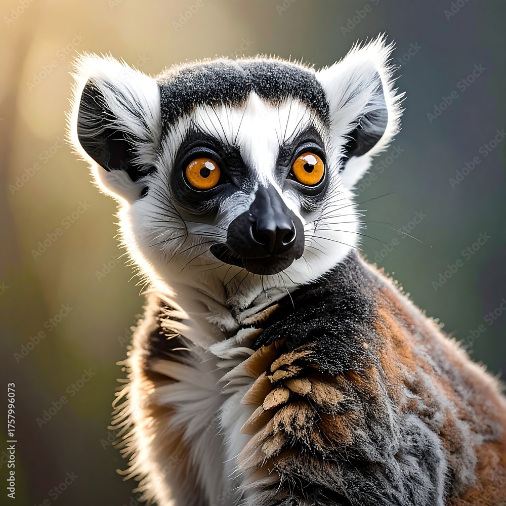 Fototapeta premium Detailed portrait of a ring-tailed primate with bright orange eyes