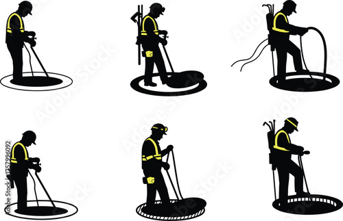 "Confined space entry safety workers with protective equipment, ventilation, gas detection, harness, helmet, and training illustration for occupational guidelines"