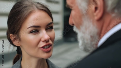 an adult woman with brown hair and wearing business, talking to her older male boss