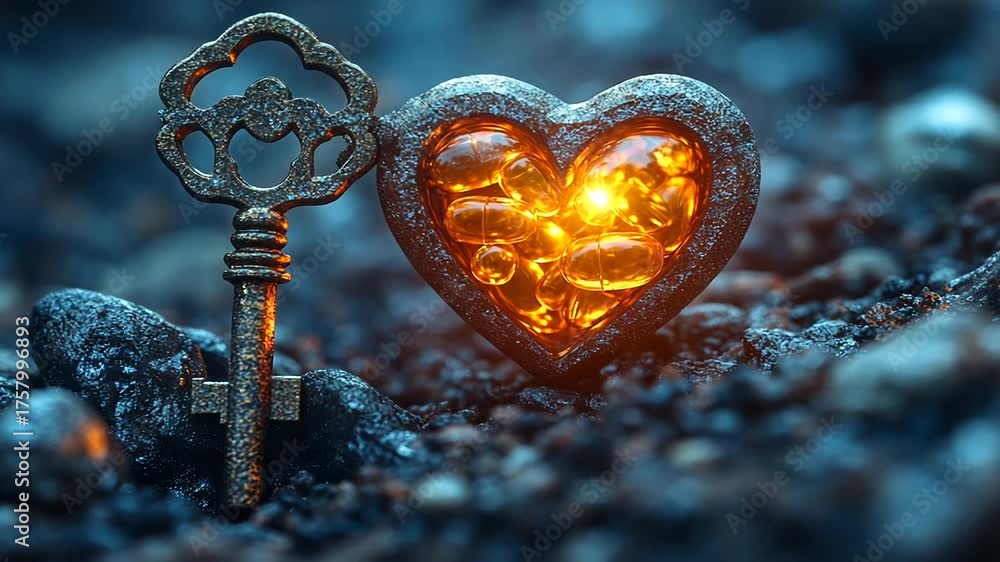 Antique key beside glowing heart-shaped object on stones
