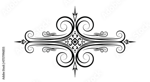 Ornate Symmetrical Horizontal Ornamental Design with Swirls and Central Geometric Pattern on Isolated White Background