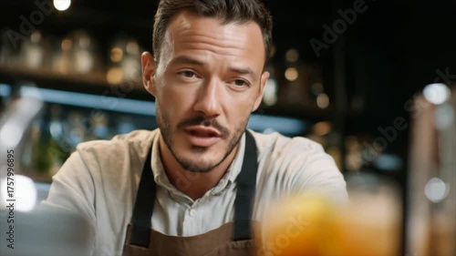 a man with short hair and stubble, wearing an apron, stands behind the counter of his restaurant
