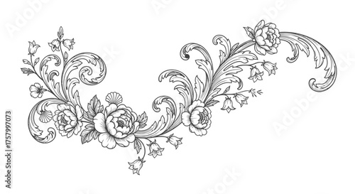 Ornate Flourish Floral Scroll Decorative Border with Roses and Leaves on Isolated White Background