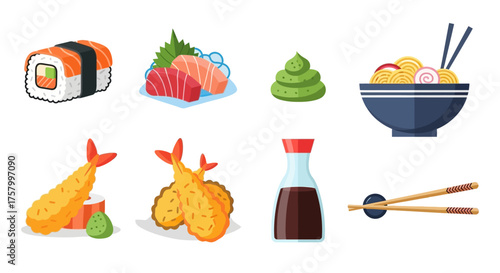 Sushi, sashimi, tempura, ramen, wasabi, and soy sauce illustration.
