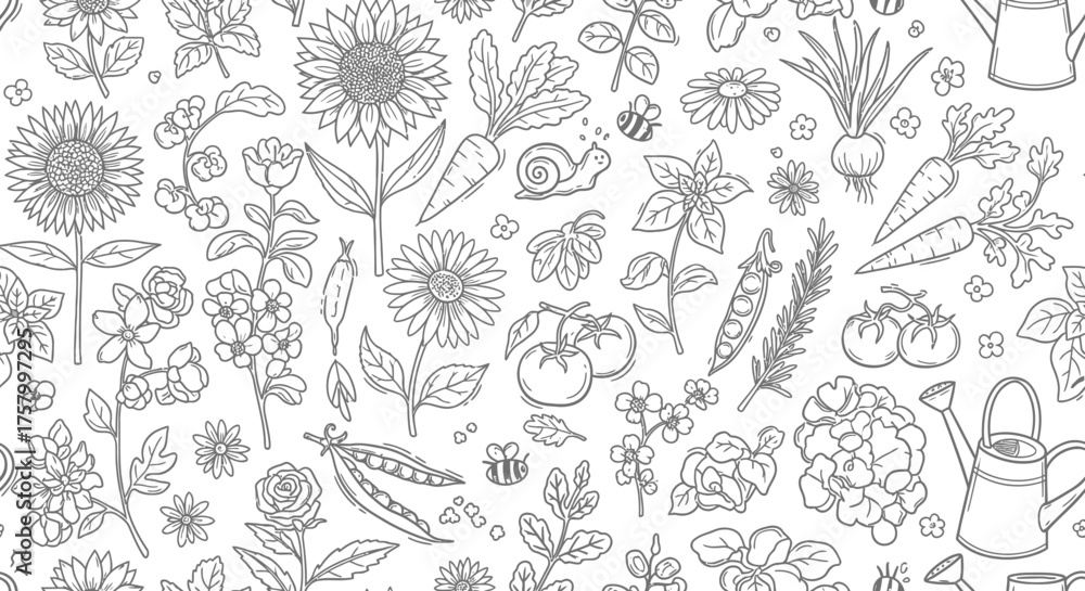 Fototapeta premium Whimsical Seamless Garden Pattern with Outline Vegetables and Flowers on Isolated White Background
