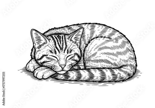 Cute sleeping cat portrait hand drawn ink sketch engraving vintage style.Vector illustration.