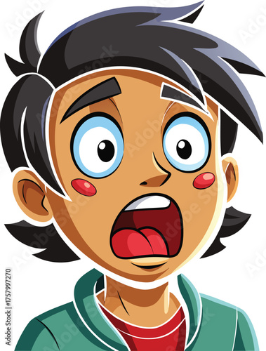 Cartoon character with spiky dark hair, wide blue eyes, and open mouth, expressing shock. Wears a teal hoodie over a red shirt. White background.