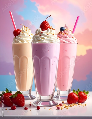 Three colorful milkshakes with whipped cream and toppings, fruit accents