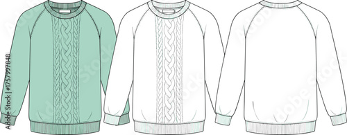 Cable knit sweater flat vector illustration, front and back view, cozy pullover with textured braid design, fashion technical sketch
