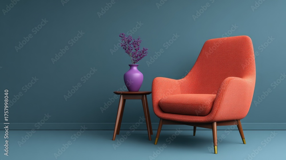 Obraz premium Cozy Living Room Scene Featuring a Stylish Orange Armchair and a Vibrant Purple Vase Set Against a Minimalist Blue Wall for Modern Home Decor Inspiration