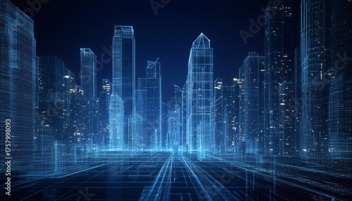 Fototapeta Naklejka Na Ścianę i Meble -  Futuristic cityscape at night, digital wireframe buildings
