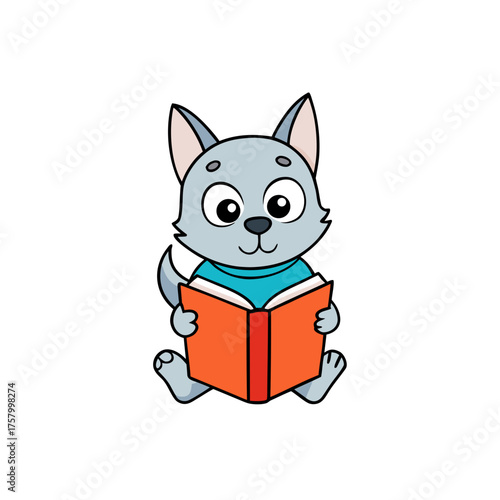 Cute cartoon wolf reading a book