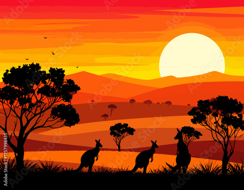 Majestic Australian Outback Sunset with Kangaroo Silhouettes - Vector Art Landscape