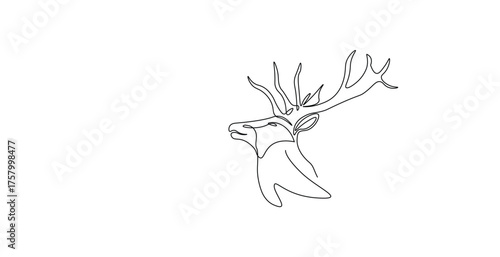 Deer head or reindeer in continuous one line drawing. Single line art illustration of deer head animal. Editable vector.