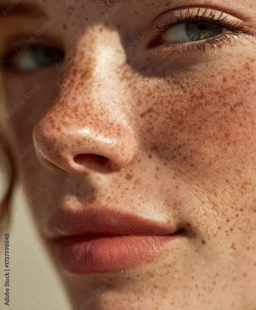 Fototapeta premium Authentic Close-Up Portrait of Young Woman with Glowing Freckled Skin in Natural Sunlight Premium Beauty Content for Lifestyle Marketing and Social Media