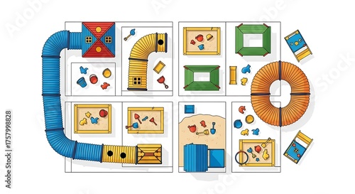 Colorful playground design with tunnels and play structures