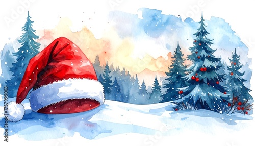 Watercolor depiction of a snowy scene with a Santa hat and trees